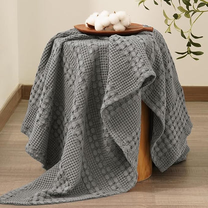 PHF 100% Cotton Waffle Weave Throw Blanket, Soft Lightweight Breathable Cozy Throws for Couch Bed Sofa, Luxury Aesthetic Blanket Gift for Home Decor & Office, 50"x60", Dark Grey