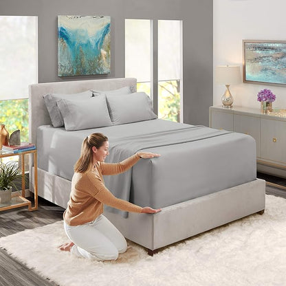 Hearth & Harbor Luxury Soft 6 Piece Bed Sheet Set Extra Deep Pocket Fitted Sheets Fits Mattress up to 21", Double Brushed Bedding, Split King Size, Silver