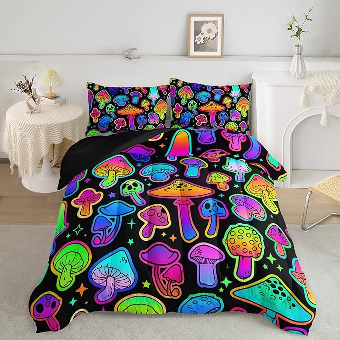 Mushroom Comforter Set Kids Bedding Set Twin,3Pcs Colorful Soft Black Gradient Mushroom Quilt Set Bed in A Bag with 1 Comforter 2 Pillowcases for Kids Boys Girls Teens Adults Room Decor All Season