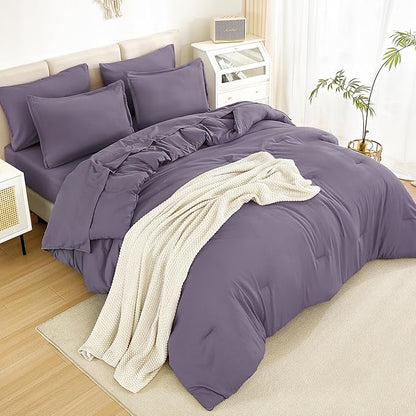 Litanika King Size Comforter Set Grey Purple - 7 Pieces Bed in a Bag King Bedding Comforter Sets, Solid Lightweight Bed Set with Comforter, Sheets, Pillowcases & Shams