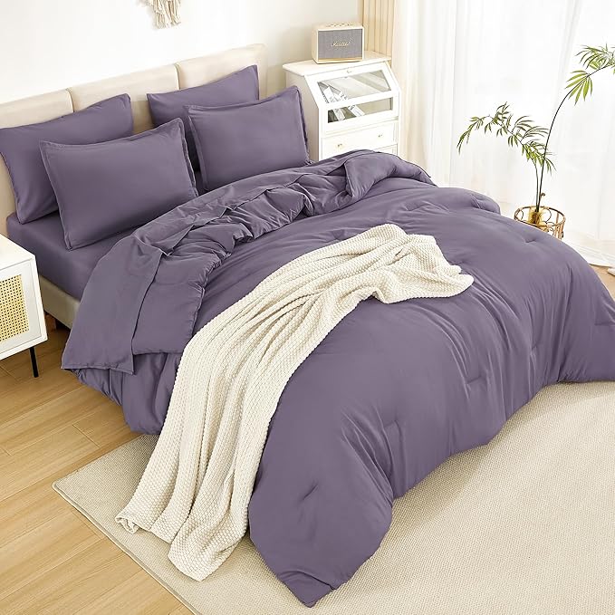 Litanika Queen Comforter Set Grey Purple - 7 Pieces Bed in a Bag Queen Bedding Comforter Sets, Solid Lightweight Bed Set with Comforter, Sheets, Pillowcases & Shams