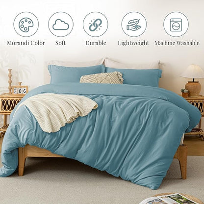 MILDLY Super Soft Duvet Cover 2pcs - 100% Washed Microfiber Grayish Blue Comforter Cover Set with Zipper Closure & Corner Ties (No Comforter)