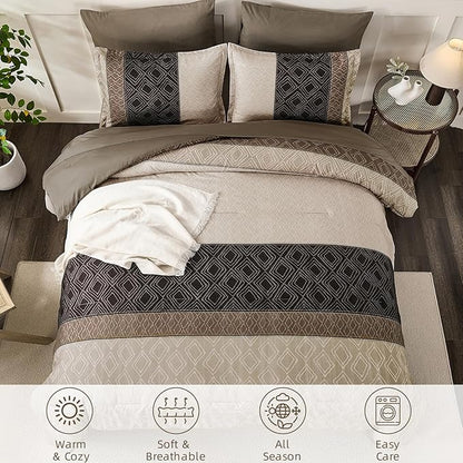 Dinjoy Light Brown King Size Comforter Set,Striped Boho Bed in a Bag King 7 Pieces Soft Fall Bedding Comforters Sets Microfiber Complete Bed Sets for All Season