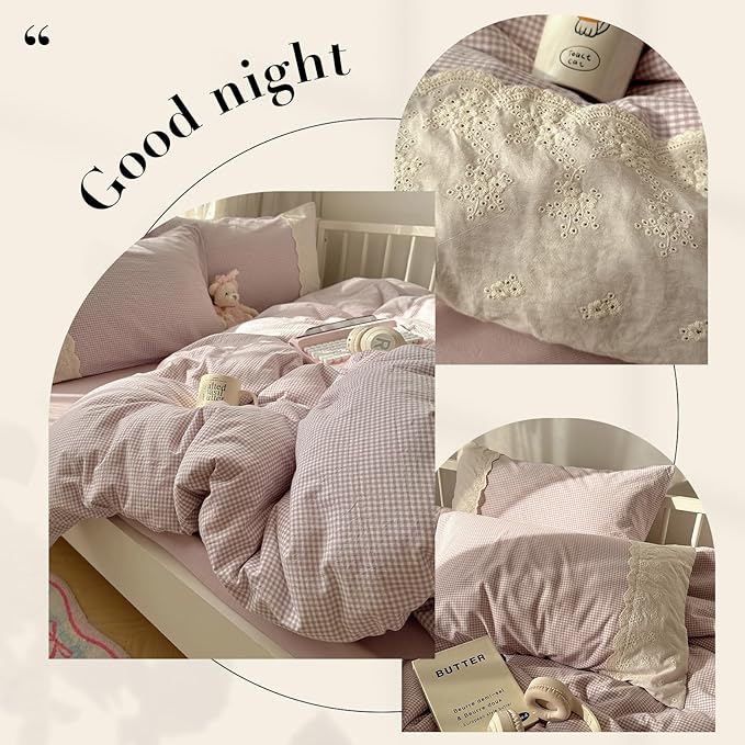 HighBuy Purple Plaid Comforter Set King Size,3 Pieces Grid Gingham Bedding Comforter with Lace Ruffles, Fluffy Comfy Grid Checkered Pattern Comforter with 2 Pillowcases,Gingham Bedding Set