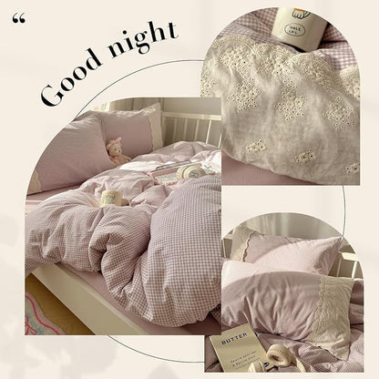 HighBuy Purple Plaid Comforter Set Twin XL Size Lace Ruffle Gingham Pattern Printed Comforter 3 Pieces Lightweight Boho Vintage Fluffy Soft Farmhouse Checkered Grid Bedding Set