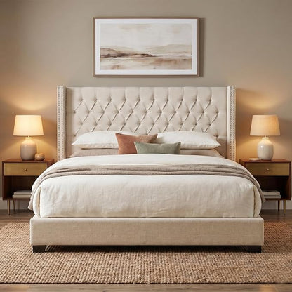 Madison Park Amelia Upholstered Headboard | Nail Head Trim Wingback Button Tufted | Queen, Cream