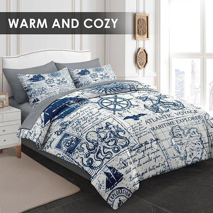 Comforter Set Twin Size, Nautical Anchor Sailor Grey 5 Pcs Bedding for Kids and Adults, Ocean Vintage Sea Bed Sheet Sets with Fitted Sheet Pillowcase & Sham for Bedroom Bed Decor
