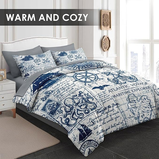 Comforter Set Twin Size, Nautical Anchor Sailor Grey 5 Pcs Bedding for Kids and Adults, Ocean Vintage Sea Bed Sheet Sets with Fitted Sheet Pillowcase & Sham for Bedroom Bed Decor