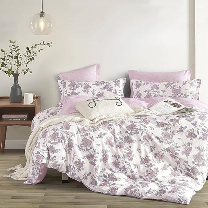 Pink Floral Cotton Comforter Queen Size 3PC - Vintage Romantic Botanical on Soft White with Smoky Pink Floral Reverse – Cozy Reversible Lightweight Comforter Set with Soft Fill(90"×90")