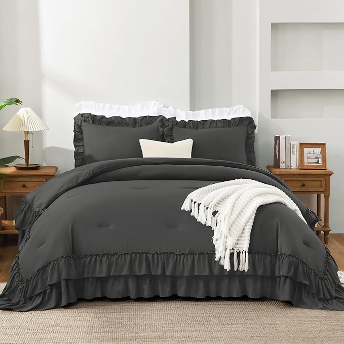 Andency Dark Gray California King Comforter Set, 3 Pieces Lightweight Fluffy Farmhouse Shabby Chic Bedding Comforter Sets, Soft Polyester All Season Cal King Bed Set (104x96Inch)