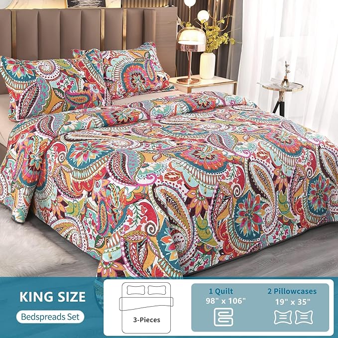 Qucover King Size Quilt Bedding Set, 100% Cotton Boho Bedspread, Vibrant Colorful Gorgeous Paisley Print Coverlet for Living Bedroom, Bed Cover with 2 Pillow Shams, 98x106 Inches