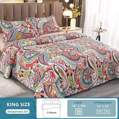 Qucover King Size Quilt Bedding Set, 100% Cotton Boho Bedspread, Vibrant Colorful Gorgeous Paisley Print Coverlet for Living Bedroom, Bed Cover with 2 Pillow Shams, 98x106 Inches