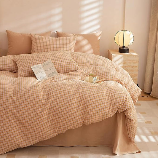 HighBuy Twin XL Comforter Set Orange Gingham Comforter with 2 Pillowcases Modern Plaid Grid Pattern Comforter Set for Men Boys Fluffy Soft Lightweight Bedding Boho Plaid Checkered Comforters