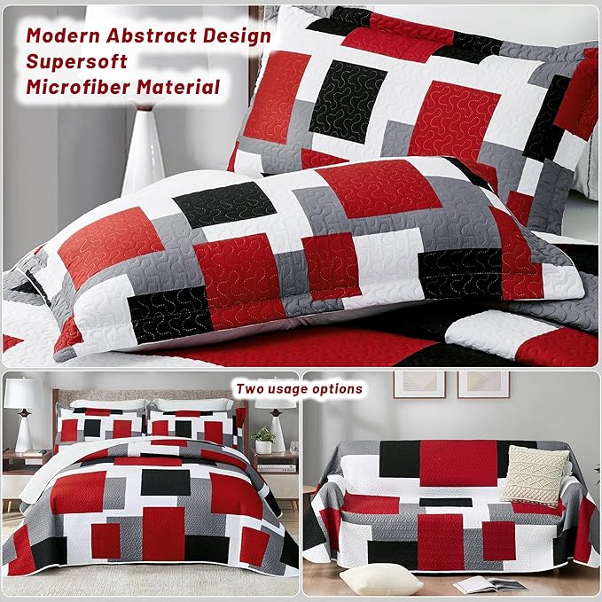 3 Piece Red Black Grey Quilt Set Full/Queen Size Christmas Red Geometric Reversible Bedding Set Microfiber Lightweight Bedspread Coverlet with 2 Shams Modern Bed Cover for All Season, 90''x96''