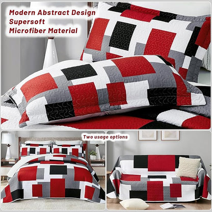 3 Piece Red Black Grey Quilt Set Full/Queen Size Christmas Red Geometric Reversible Bedding Set Microfiber Lightweight Bedspread Coverlet with 2 Shams Modern Bed Cover for All Season, 90''x96''