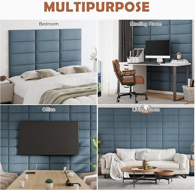 IFNOW Wall Mounted Headboard, Peel and Stick Panels, Dusty Blue, King | 3D Soundproof Acoustic Padding, Reusable and Removable Tufted fabric Bed Headboard for bedroom (12 Panels, 10" x 24")