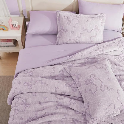 Geniospin Light Purple Queen Comforter Set for Girls- 7 Pieces Bowknot Jacquard Bed in A Bag Queen Bedding Sets with Sheets, Pillowcases & Shams, All Season Kids Comforter Set