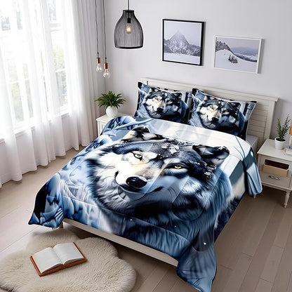 Castle Fairy Wolf Comforter Set Queen Size,Nature Wild Animals Quilt Set 3pcs,3D Print Winter Snow View Bedding Set for Kids Teens Adults Home Decor,White Black Microfiber with 2 Pillowcases