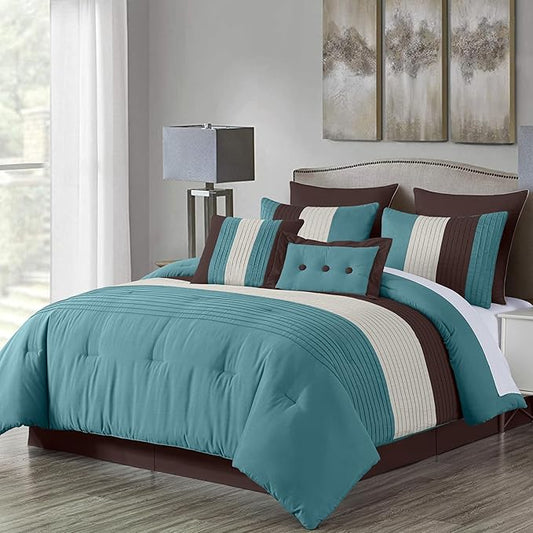 Chezmoi Collection Loft 8-Piece Luxury Striped Comforter Set (Full, Blue/Beige/Chocolate Brown)