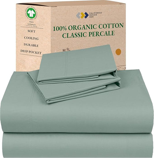 California Design Den King Sheets Deep Pocket Set - Soft 100% Organic Cotton Sheets, Crisp and Cool Percale, Deep Pockets with Anti-Skid Elastic, Breathable and Durable Bedding Set - Sage Green