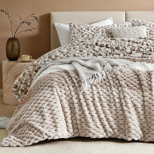Petrichor Fluffy King Comforter Set - Taupe and White Striped Faux Fur Blanket for King Bed, Ultra-Soft Warm Bedding for Winter & Fall, Cozy 3 Piece Bed Set (1 Comforter & 2 Pillowcases)