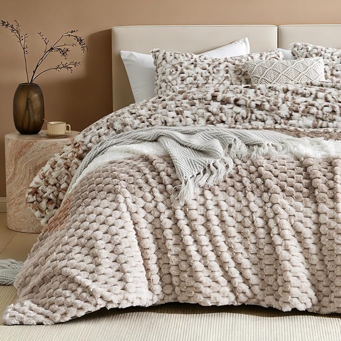 Petrichor Fluffy Queen Comforter Set - Taupe and White Striped Faux Fur Blanket for Queen Bed, Ultra-Soft Warm Bedding for Winter & Fall, Cozy 3 Piece Bed Set (1 Comforter & 2 Pillowcases)