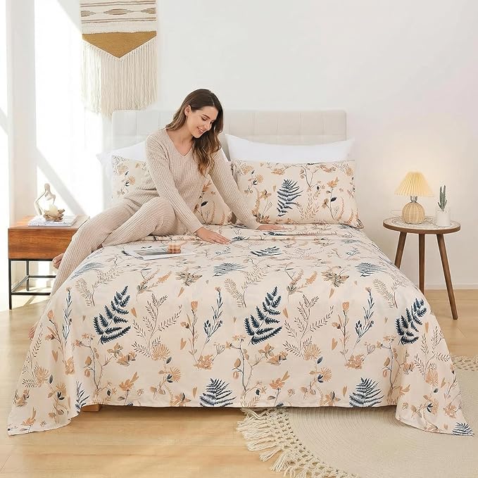 JSD Boho Floral Printed Sheet Set King Size, 4 Piece, Soft Botanical Pattern Microfiber Sheets Extra Deep Pocket