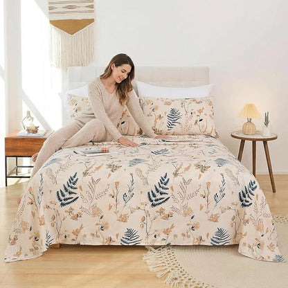 JSD Boho Floral Printed Sheet Set King Size, 4 Piece, Soft Botanical Pattern Microfiber Sheets Extra Deep Pocket