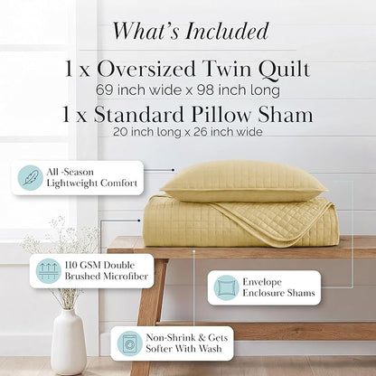 Southshore Fine Living, Inc. Twin Quilt Bedding Set, Soft Brushed Microfiber Coverlet, Stain & Pet Hair Resistant Bedding, Twin/Twin XL Quilt Bedspread Set with Matching Pillow Sham, Gold