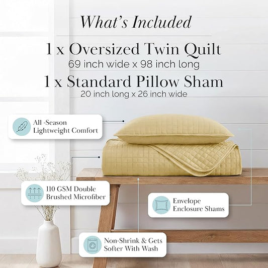 Southshore Fine Living, Inc. Twin Quilt Bedding Set, Soft Brushed Microfiber Coverlet, Stain & Pet Hair Resistant Bedding, Twin/Twin XL Quilt Bedspread Set with Matching Pillow Sham, Gold