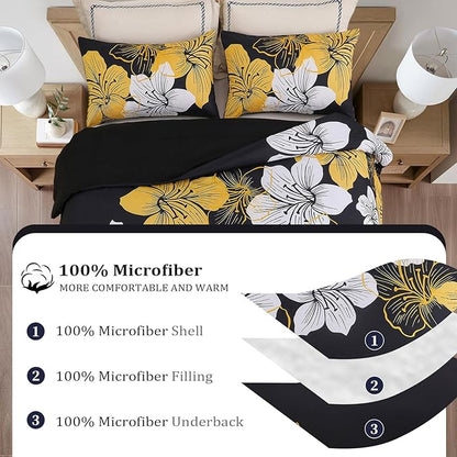 Menghomeus King Size Comforter Set Black/Gold Floral Bedding Comforter Sets Soft Microfiber Bed Comforter Set for All Season 3 Piece Botanical Flowers Comforter, Pillowcases