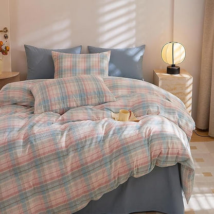 HighBuy Blush Blue Plaid Comforter Set Queen Size Gingham Grid 3 Pieces Vintage Checkered Pattern Comforter Buffalo Plaid Comforter Set with 2 Pillowcases,Soft Farmhouse Grid Bedding Set