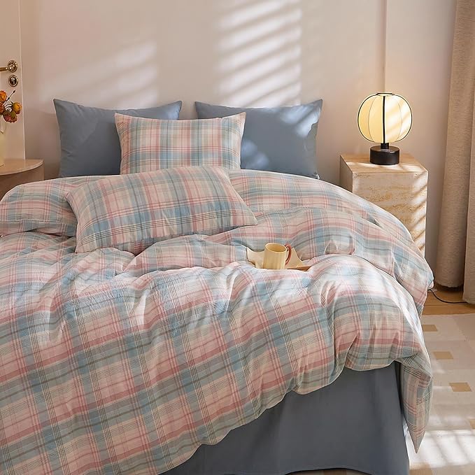 HighBuy Blue Gingham Comforter Set King Plaid Checkered Pattern Bedding Comforter Set 3 Pieces Grid Gingham Print Comforter Set 1 King Comforter with 2 Pillowcases Chic Modern Plaid Bedding