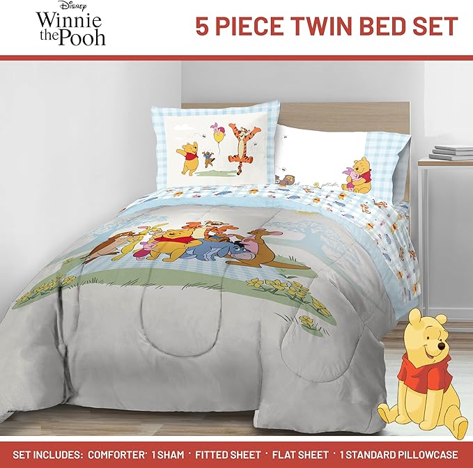 Jay Franco Kids Comforter Set Includes Sheets and Pillow Covers - Soft and Cozy Bed Set for Stylish Room Decor, Official Licensed Bedding, White - Winnie The Pooh, 5 Piece Twin