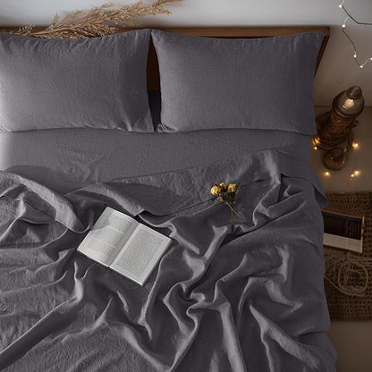 LBRO2M 100% Pure Linen Sheet Set Deep Pocket Up to 16" Bed Sheets Sets, Natural Flax Beddings Soft, Breathable, Comfortable for All Seasons 4 Pcs Sheet Set Queen Size, Dark Grey