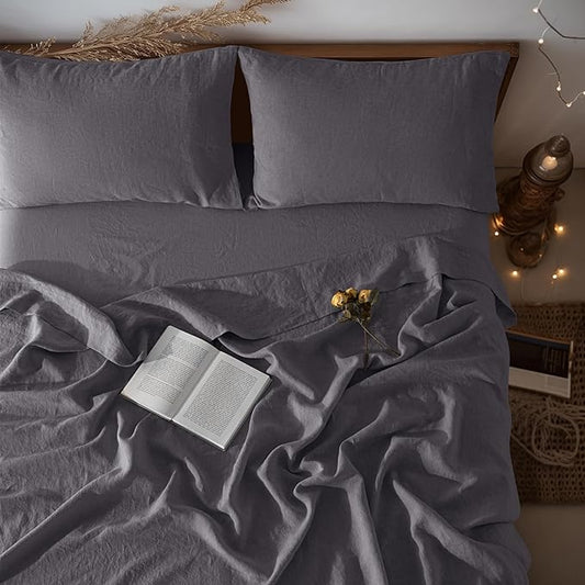 LBRO2M 100% Pure Linen Sheet Set Deep Pocket Up to 16" Bed Sheets Sets, Natural Flax Beddings Soft, Breathable, Comfortable for All Seasons 4 Pcs Sheet Set Full Size, Dark Grey