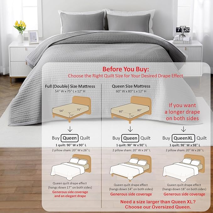 Queen Quilt Set – 90"x90" Soft Washed 3-Layer Lightweight Bedspread with Multi-Lock Quilting, Minimalist Nordic Bedding, All-Season Quilt for Spring, Summer & Fall (1 Quilt + 2 Pillow Shams), Grey