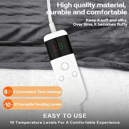 Electric Heated Blanket Twin Size 62''x84'' -Control Heating Blanket, Soft & Warm Flannel 10-Level Temperature Control, 8 Hours Auto Off, Rapid Heating & Overheat Protection