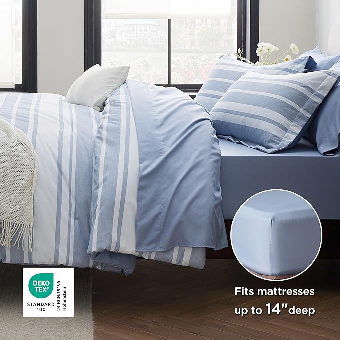 Bedsure Queen Comforter Set 7 Pieces, Blue Striped Bedding Set for All Seasons, Reversible, Cationic Dyeing Bed in a Bag with Comforter, Sheets, Pillowcases & Shams