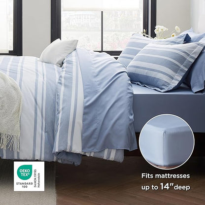 Bedsure Twin Comforter Set 5 Pieces, Blue Striped Bedding Set for All Seasons, Reversible, Cationic Dyeing Bed in a Bag with Comforter, Sheets, Pillowcase & Sham