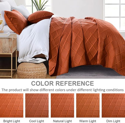 Yiran Burnt Orange Fall Quilt Set King Size Bedding Set Lightweight Bedspreads 3 Piece Soft Microfiber Terracotta Diamond Pattern Bed Coverlet for All Season with 2 Pillow Shams (106x96 Inch)