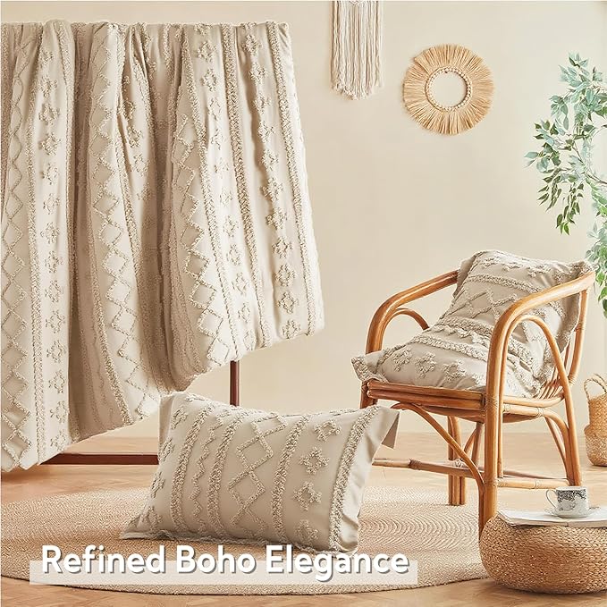 MR&HM California King Comforter Set Beige, 7 Pieces Tufted Boho Beddding Sets, Farmhouse Style Bed in a Bag with 1 Comforter, 2 Pillow Shams, 2 Pillowcases, 1 Flat Sheet, 1 Fitted Sheet
