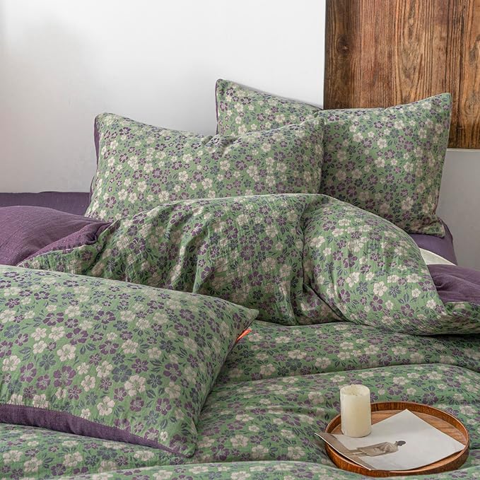 VM VOUGEMARKET Green & Purple Floral Jacquard Duvet Cover Set Queen,Breathable Double Layer Gauze Farmhouse Style Bedding Set for Home