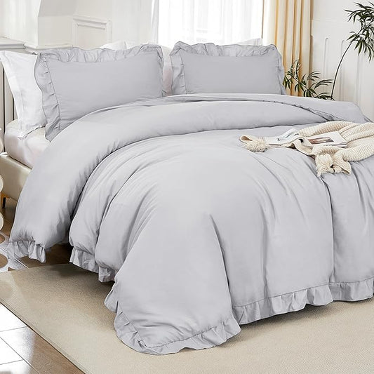 Litanika Light Grey Queen Comforter Set, 3 Pieces Ruffle Farmhouse Aesthetic Bedding Comforter Set, All Season Soft Lightweight Fluffy Microfiber Bed Set(90x90In Comforter, 2 Pillowcases)