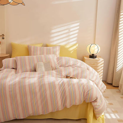 EAVD Stripes Duvet Cover Set Full 100% Washed Cotton Colorful Striped Bedding Duvet Cover Set with Streak Pillowcases-Farmhouse Modern Style Ultra Soft Breathable Zipper Closure Corner Ties
