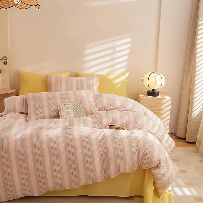 EAVD Stripes Duvet Cover Set Queen 100% Washed Cotton Colorful Striped Bedding Duvet Cover Set with Streak Pillowcases-Farmhouse Modern Style Ultra Soft Breathable Zipper Closure Corner Ties