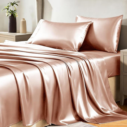 CozyLux Satin Sheets Queen Size Bed Set - 4 Piece Silky Queen Sheet Set, Luxury Salmon Pink Queen Sheets with Smooth and Soft Microfiber, Includes 1 Fitted Sheet, 1 Flat Sheet and 2 Pillowcases