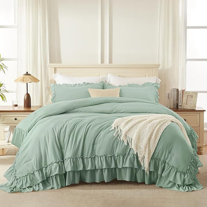 Andency Sage Green King Comforter Set, 3 Pieces Farmhouse Shabby Chic Ruffle Solid Comforter Sets, Lightweight Fluffy Soft Polyester All Season Bed Set(104x90Inch)