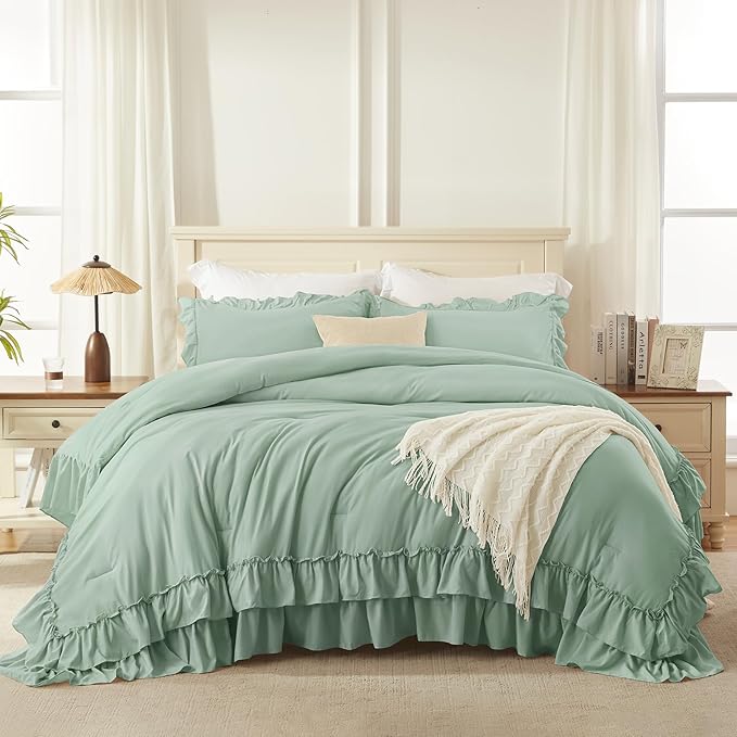 Andency Sage Green Twin Size Comforter Set, 2 Pieces Boho Lightweight Fluffy Ruffle Bedding Set & Collections, All Season Soft Polyester Farmhouse Shabby Chic Bed Set for Kids (66x90In Comforter)