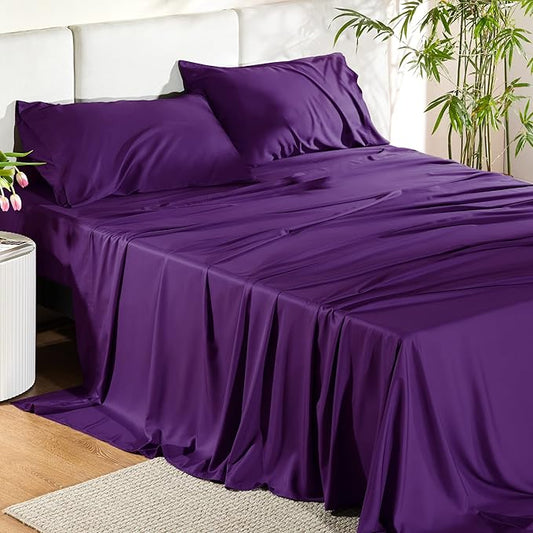 Bedsure California King Sheet Sets, Cooling Sheets for Hot Sleepers, Rayon Derived from Bamboo, PureWoven, Breathable & Soft, Deep Pocket Up to 16 Inches, Hotel Luxury Silky Bedding, Plum